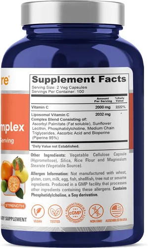 Vista 3 de Vitamina C liposomal, sin OMG, vegana, 2032 mg, 200 cápsulas vegetales - 100 porciones Dietary Supplement Formula, High Absorption Ascorbic Acid &