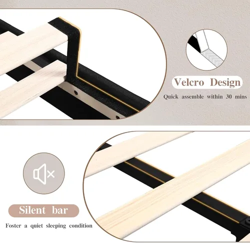 Vista 6 de VECELO Base de cama Queen con puertos tipo C y USB, plataforma tapizada de algodón y lino ajustable en altura ajustable, no necesita somier, sin