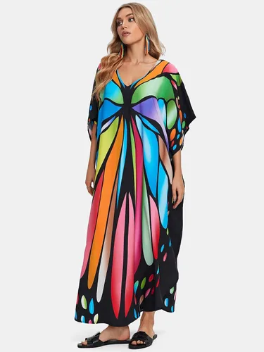 Vista 4 de Vestido RanRui largo hasta el piso, caftán, con botones, para playa, para mujer
