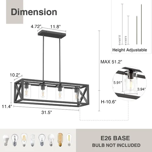 Vista 2 de Lámpara de comedor de granja – Iluminación de isla de cocina de 4 luces con altura ajustable y metal grueso para comedor sobre mesa, candelabros
