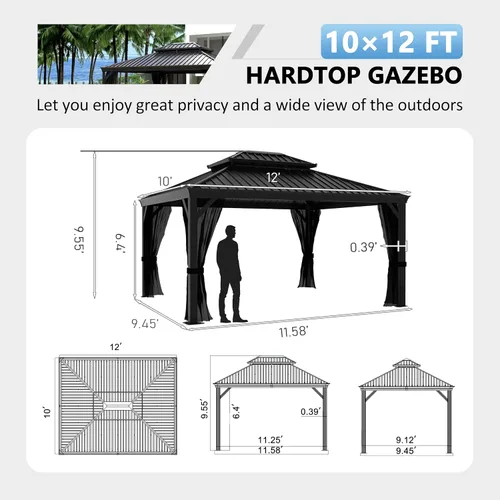 Vista 2 de MUPATER Gazebo para exteriores de 10 x 12 pies, carpa de techo rígido con doble techo, estructura resistente con sistema de drenaje y mosquitera