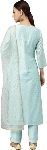 Vista 7 de Janasya Kurta de seda chanderi color verde mar para mujer india con pantalón y dupatta