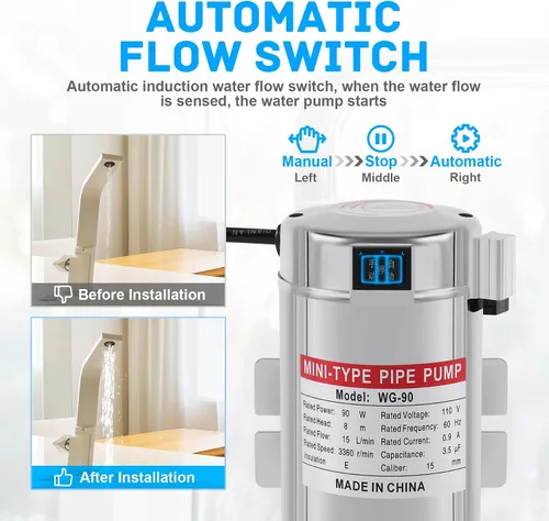 Vista 7 de Samger Bomba Elevadora de Presión de Agua, 110V 90W 243GPH 15PSI Bomba de Agua Doméstica con Interruptor Automático de Flujo de Agua, Bombas