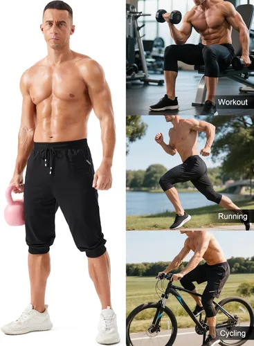 Vista 6 de MAGCOMSEN Pantalones capri de 34 para hombre con bolsillos con cremallera, ajustados, para entrenamiento, correr, entrenamiento, pantalones capri