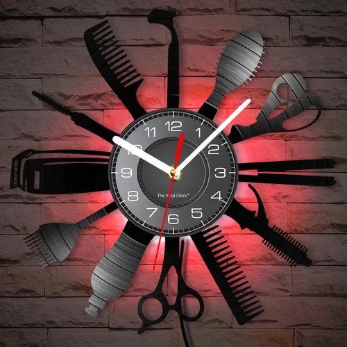 Vista 3 de Reloj de pared con herramientas de peluquería de 12 pulgadas con 7 colores cambiantes, reloj de pared para peluquería y negocios, reloj de pared