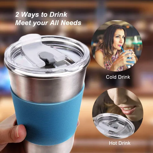 Vista 6 de Vaso de agua con tapas, paquete de 6 vasos de acero inoxidable a prueba de derrames, reutilizable, apilable, de 16 onzas, con tapas, para niños