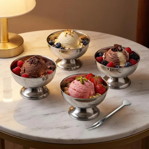 Vista 5 de Vasos de postre de acero inoxidable, cuencos con patas de helado de 5.5 onzas con tenedores, tazas plateadas para servir, mini cuencos de postre