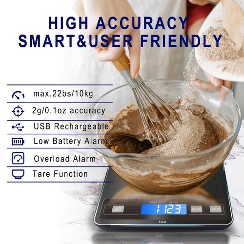 Vista 4 de hito Báscula de cocina digital de 22 libras, recargable, resistente al agua, peso gramos y onzas, 1 g/0.1 oz, precisa, para pérdida de peso, cocinar
