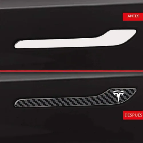 Vista 4 de IPG Kit de 4 calcomanías para manija de puerta de Tesla Model 3/Model Y (juego de 4) con logotipo de Tesla (fibra de carbono negra)