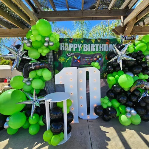 Vista 6 de Kit de guirnalda de arco de globos de videojuegos, 144 unidades, color verde, negro y plateado, estrella explosiva, globos de Mylar para niños