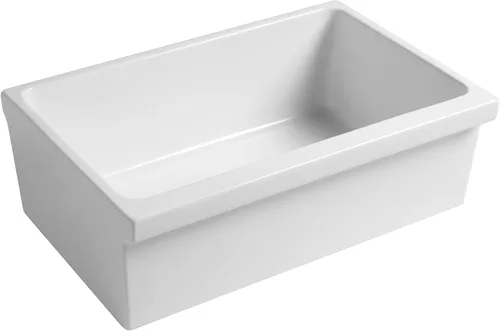Vista 6 de Whitehaus WHQ330-WH Farmhaus Quatro Alcove - Fregadero reversible de arcilla refractaria de 30 pulgadas con delantal estriado, color blanco