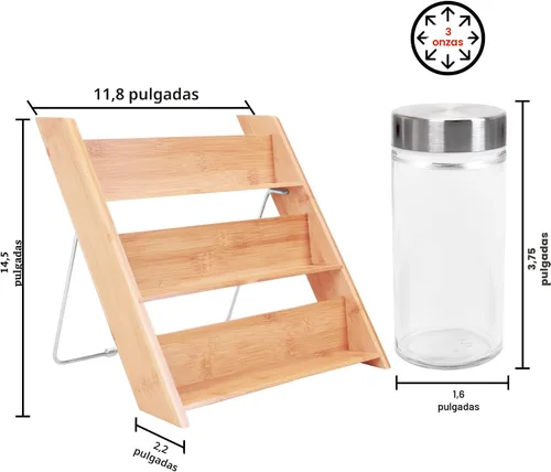 Vista 7 de Orii Organizador compacto de especias de bambú de 18 tarros para encimera y cajón de cocina, lleno de especias, programa