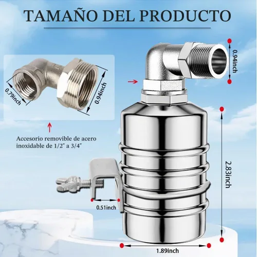 Vista 2 de Válvula de flotador de 2 piezas, válvula de flotador de control de nivel de agua de 1/2" a 3/4", válvula de cierre de agua totalmente automática