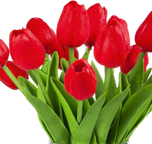 Vista 2 de Arreglo floral de tulipanes artificiales de tacto real en jarrón de vidrio con agua sintética (rojo)