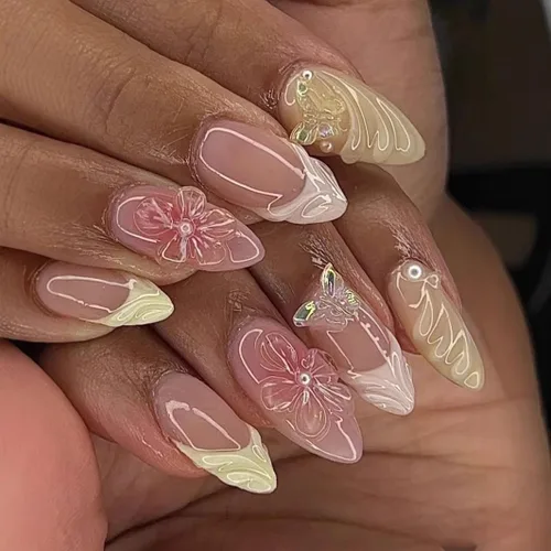 Vista 6 de Uñas postizas a presión, uñas postizas medianas con diseño de almendra, 24 A-1