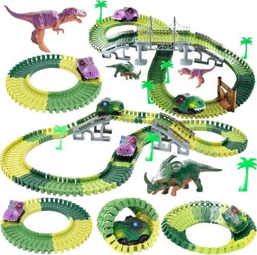 Vista 2 de TOYLI Juego de pista de carreras de dinosaurios de 182 piezas, pista de dinosaurio flexible con puente, rampas, juguete de pista de dinosaurios es