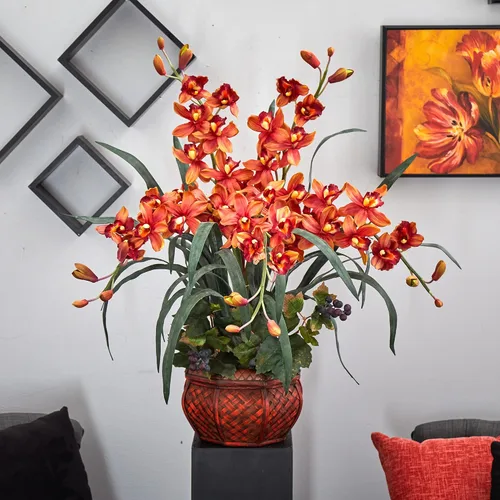 Vista 5 de Cymbidium con jarrón decorativo, arreglo de seda
