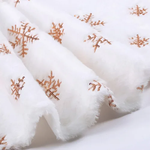 Vista 5 de Falda de árbol de copos de nieve de oro rosa de 24 pulgadas, faldas de árbol de piel sintética blanca, mini faldas de árbol de Navidad, tapete