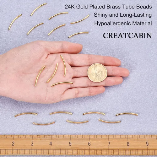 Vista 3 de CREATCABIN 1 caja de 30 cuentas de tubo curvadas de oro de latón elegante cuentas de fideos chapados en oro real de 24 quilates, conectores