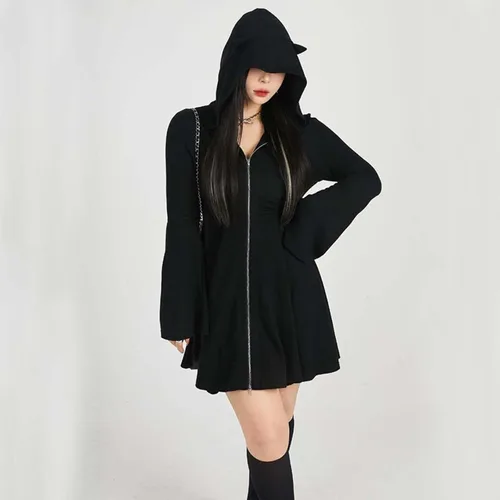 Vista 4 de MLAFE Vestido negro con capucha gótico para otoño e invierno, vestido de suéter con capucha, manga para muñeca, vestido ajustado Harajuku