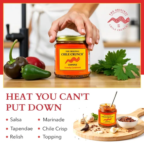 Vista 3 de CHILE CRUNCH - Condimento Crujiente Picante de Chipotle - Chiles Asados Totalmente Naturales, Salsa Crujiente de Ajo y Cebolla - Vegano, Sin Gluten