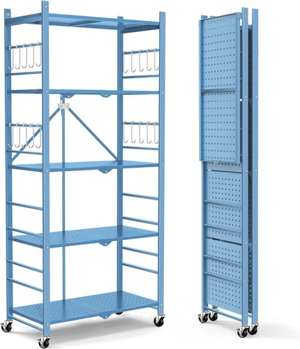 Vista 9 de Himix Estantes de almacenamiento con 6 ganchos, estante plegable de 3 niveles con ruedas, estantería de almacenamiento de metal, carrito rodante