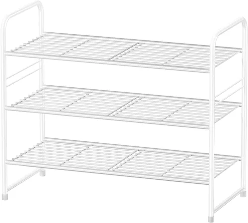 Vista 9 de Zapatero de metal de 2 niveles y 27 pulgadas para piso, apilable y ajustable, color negro