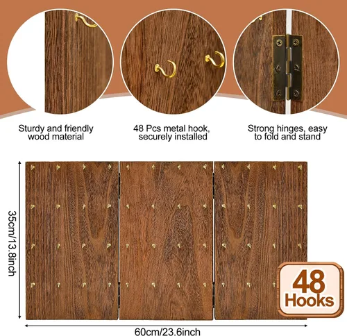 Vista 2 de 101 piezas de soporte plegable de madera para joyas, 48 ganchos, exhibición de aretes para vender tarjetas de exhibición de aretes, 3 paneles