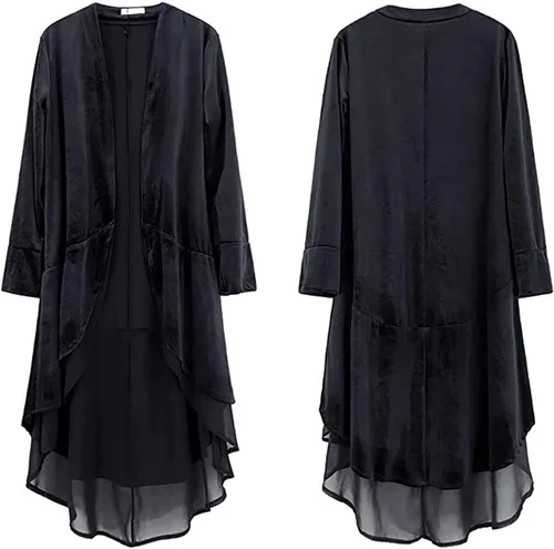 Vista 2 de Chaquetas de terciopelo largas asimétricas para mujer estilo vintage retro medieval retro para Halloween y Navidad con volantes