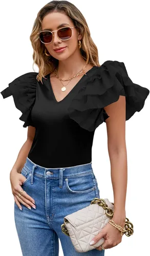 Vista 4 de LYANER Body de satén con cuello en V para mujer, con volantes, manga de mariposa, elástico