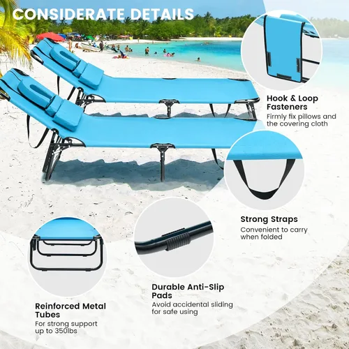 Vista 4 de GYMAX Silla de bronceado, silla de playa de 350 libras con agujero para la cara, almohada lavable y correa de transporte, tumbona plegable