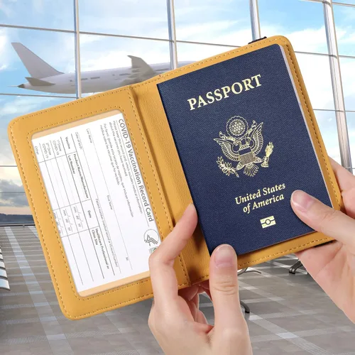 Vista 3 de Casmonal Funda para pasaporte, cartera con bloqueo RFID, funda de cuero, organizador de documentos de viaje, Combo de vacunación amarillo