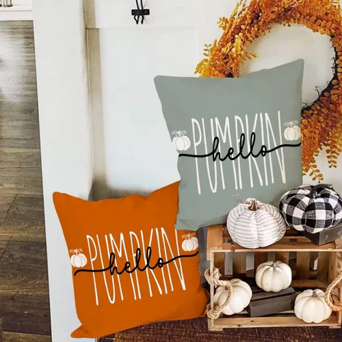 Vista 4 de Funda de cojín de calabaza Hello Pumpkin, de 18 x 18 pulgadas, funda de cojín cuadrada de otoño para Acción de Gracias, decoración rústica de granja