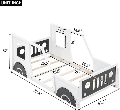 Vista 2 de Polibi Cama de plataforma, tamaño individual, cama clásica de madera en forma de automóvil con ruedas, cabecero, estribo, puertas, ventanas