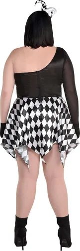 Vista 2 de Amscan Disfraz de bufón travieso de Halloween para mujer, incluye diadema, vestido, guantes sin dedos