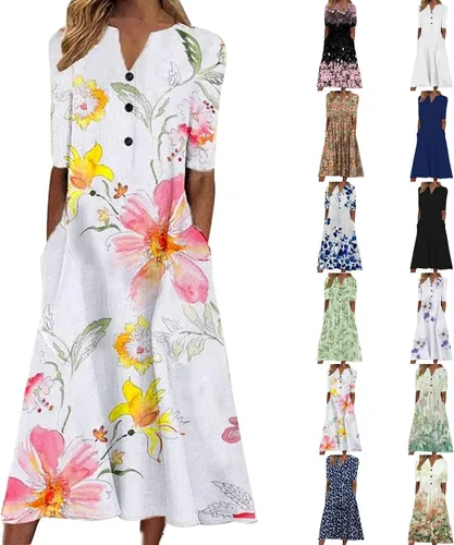 Vista 4 de Vestidos para mujer 2022, casual, de verano, casual, para mujer, con botones, manga corta, estampado floral, vestido de fiesta, vestido midi fluido