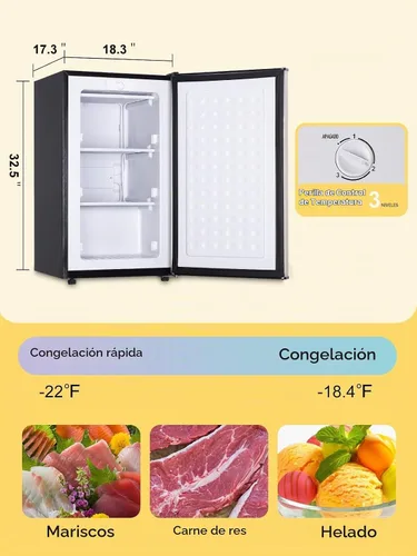 Vista 4 de Congelador vertical compacto de 3.0 pies cúbicos Mini congelador de una sola puerta Congelador Plata