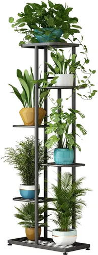 Vista 8 de LINZINAR Soporte de metal para plantas de 4 niveles y 5 macetas, estante múltiple para macetas para interiores y exteriores, unidad de estantería