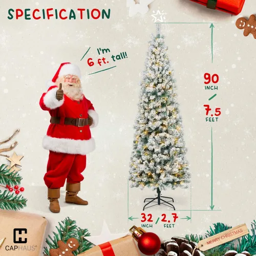 Vista 2 de Fencer Wire Árbol de Navidad Artificial Tipo Lápiz Preiluminado con Nieve Artificial de 7.5 pies con 980 puntas de ramas prearticuladas y soporte