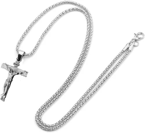 Vista 2 de Axmerdal Collar de cruz de acero inoxidable con crucifijo de Jesucristo cruz de oración del Señor para hombres y mujeres cadena de caja de 24 iNCH
