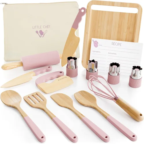 Vista 9 de Juego de cocina y horneado de madera para niños - Herramientas de cocina seguras y reales que brindan a los niños pequeños una experiencia de cocina
