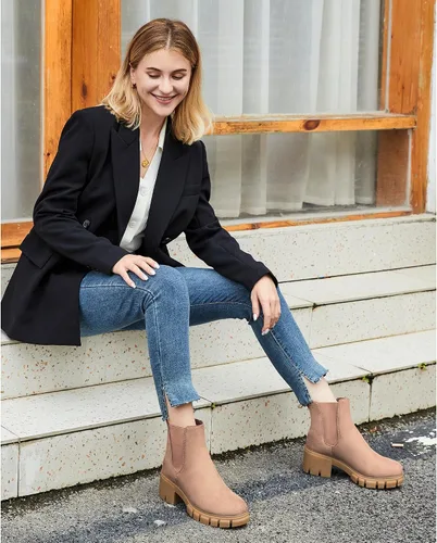Vista 27 de starmerx Botines de plataforma para mujer, botas Chelsea elásticas, tacón medio, botines sin cordones