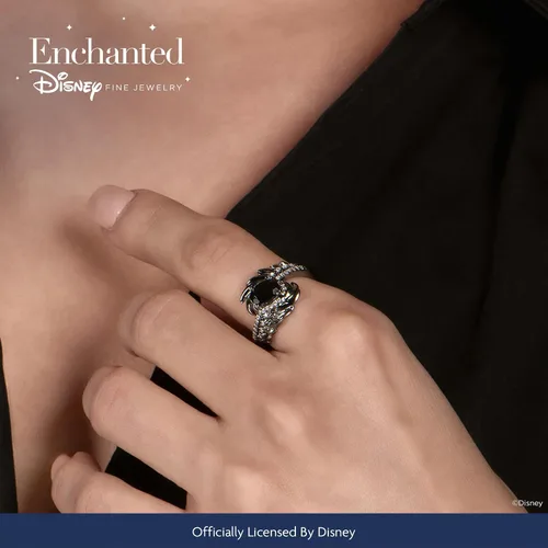 Vista 2 de Jewelili Enchanted Disney Fine Jewelry Anillo de plata de ley con rodio negro de 16 quilates de diamante y alas de maléfica de ónix, Metal, Diamante