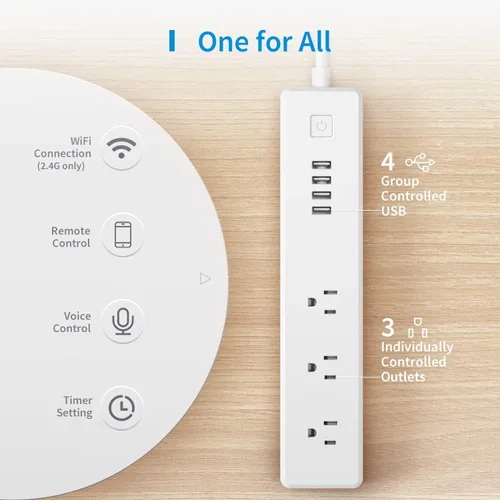 Vista 2 de Meross Regleta inteligente compatible con Apple HomeKit, Siri, Alexa y Google Home, protector de sobretensiones WiFi con 3 salidas de CA, 4 puertos