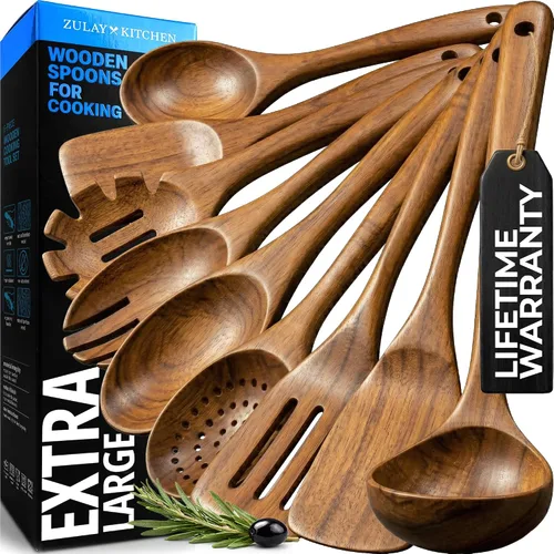 Vista 11 de Zulay Kitchen Juego de 5 cucharas de madera extragrandes - Utensilios de cocina de teca lisa - Cucharón, espátula, espumadera, tenedor, cuchara