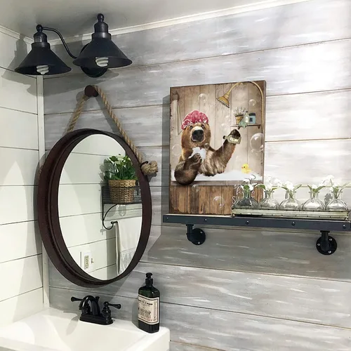 Vista 5 de Bonito oso para decoración de baño, arte de pared divertido con estampado de oso de casa de campo, pintura decorativa de pared enmarcada moderna