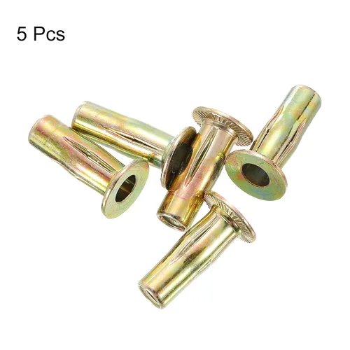Vista 3 de uxcell Tuercas remachadoras multiagarre 1/4-20, 5 piezas de vástago preabombado cabeza plana roscada tuerca de inserción chapada en zinc dorado