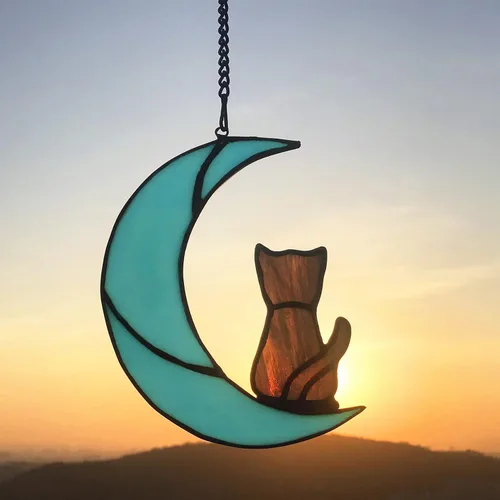 Vista 7 de Decoración de gato atigrado gris en luna azul para colgar en la ventana, regalo conmemorativo para los amantes de los gatos, adorno para mascotas