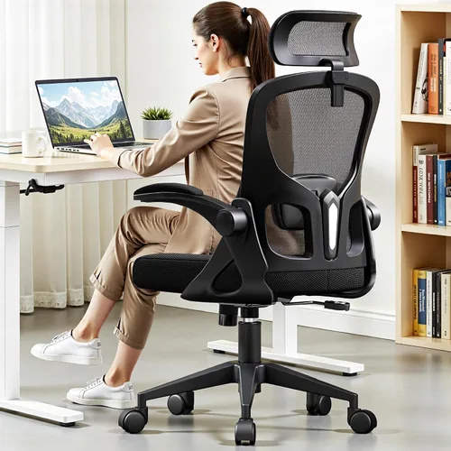 Vista 2 de Silla de oficina ergonómica, silla de escritorio de malla con reposacabezas ajustable y soporte lumbar, silla de computadora con ruedas con Negro
