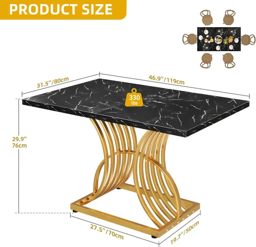 Vista 2 de Mesa de comedor moderna DWVO para 4 personas, mesa rectangular de 47 pulgadas para cocina con superficie de mármol sintético y patas geométricas